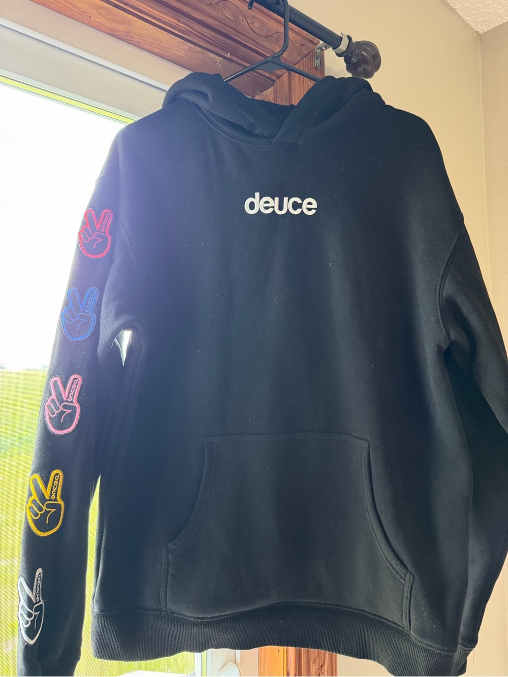 Black Deuce Hoodie with Colorful Peace Sleeve Patches
